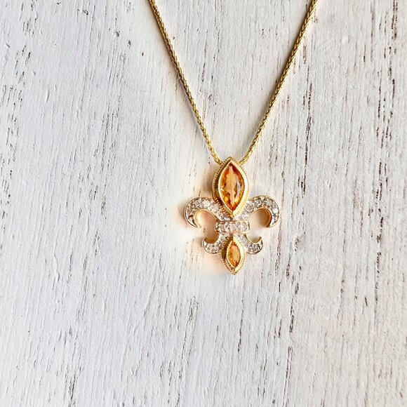 Vintage Fleur de lis Citrine Pendant w Daimond Accents 10K Yellow Gold Pendant